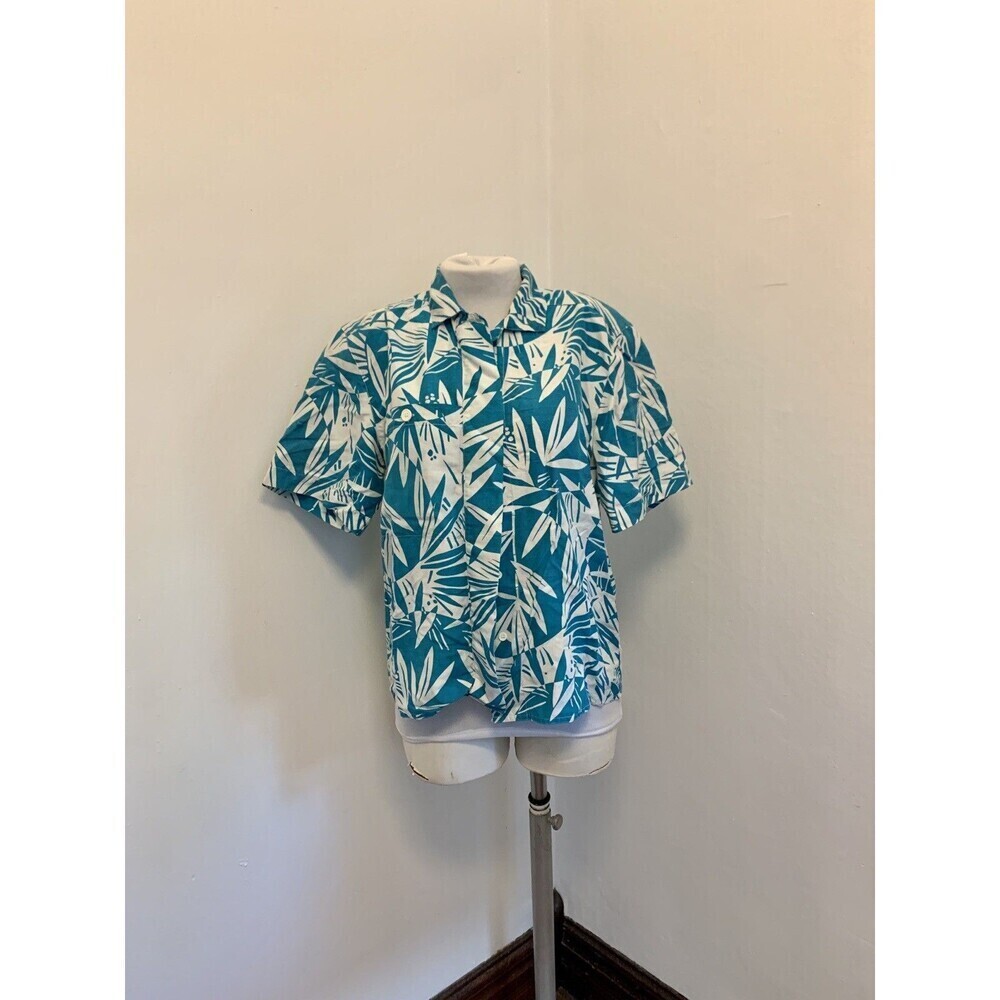 Jones New York Button Up 100% Silk Shirt VTG 90s 10 Blue Floral Hawaiian Short S